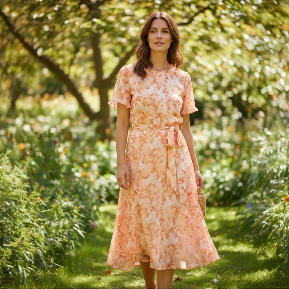 DKNY‎ Floral Short Sleeve Godet Chiffon Midi Dress, Orange Combo, Size 14W
